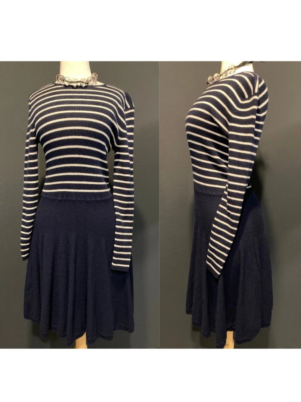 Lauren Ralph Lauren Stripe Merino Wool Navy Blue Knit Dress Size Medium